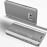 Miagon Spiegel Standing Schutzhülle für Galaxy S6 Edge, Transluzent Aussicht PC-Vorderseite Metall-Galvanotechnik Silber Stilvolle Brieftasche Schale Etui für Samsung Galaxy S6 Edge
