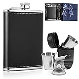 LILABIENE® Geschenk Flachmann Set Leder Edelstahl 8oz 236ml Schwarz mit 4 Becher Trichter für Männer Jäger Wandern Jagd Herrentag Geburtstag Vatertag W