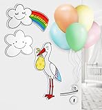GLÜCKSGUT® Klapperstorch & Wolken, 30 cm | 5-teiliges Set | Geburtsstorch + 2 Wolken + Ballons + Grußkarte | Baby Türschild Wandmotiv personalisierbar | Storch Geburt Draußen Drinnen | Geburtsgeschenk
