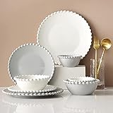 YUNLILI Modegeschenk Keramik-Geschirr- Set von 14 nordischen weißen Perlenkanten-Porzellan-Kombinations-Set-Steak-Platten- und Getreideschalen-Dish-Set- Service for 4