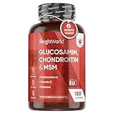 Glucosamin Chondroitin MSM 1560mg - 6 Monate Vorrat - 180 Kapseln mit Vitamin C, Kurkuma & Hyaluronsäure - Für Knochen, Immunsystem, Knorpel & Zähne (EFSA) - Glucosaminsulfat - Weightworld