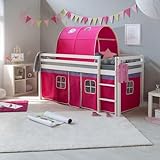 Homestyle4u 2575, Kinderhochbett Leiter Weiß 90 x 200 cm Holz Kiefer Kinderbett pink rosa mit Lattenrost Vorhang Tunnel