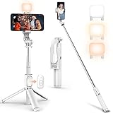 Bluetooth Selfie Stick mit Licht Weiß, Tupwoon 4 in 1 Erweiterbar auf 104cm Selfie-Stange mit Kabelloser Fernbedienung, Mini Selfiestick Kompatibel mit iPhone, Android für Selfie, Reisen, Vlog, Video