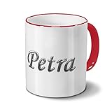 printplanet Tasse mit Namen Petra - Motiv Chrom-Schriftzug - Namenstasse, Kaffeebecher, Mug, Becher, Kaffeetasse - Farbe Rot