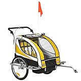 HOMCOM Kinder Fahrradanhänger Kinderanhänger Anhänger für 2 Kinder mit Regenschutz atmungsaktiv Gelb+Schwarz 155 x 88 x 108 cm