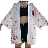 Weiß Schwarz Lucky Cat-lose Sommer-Strand-Cardigan Frauen Harajuku japanischer Kimono-Stil Tops Bluse Kleidung, Hemd