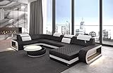 Wohnlandschaft Berlin U Form Leder mit Kopfstützen Sofa mit LED Beleuchtung Moderne Couch (Ottomane rechts, Schwarz-Weiß)