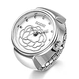 JewelryWe Damen Ringuhr Fingeruhr Analog Blumen Quarzuhr Elastisch Ring Band Uhr Uhrenring Geschenk für Mädchen Silber