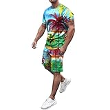 JIANGMEI Herren Sommer Outfit Strand Kurzarm Bedrucktes Hemd Kurzer Anzug Hemdhose 2 Stück Anzug mit Taschen Stromkabel