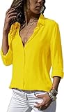 ASKSA Damen Bluse Chiffon Elegant Langarm/Kurzarm Oberteile Einfarbig V-Ausschnitt Lose Hemdbluse T-Shirt Tops (Gelb,XXL)