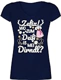 T-Shirt Damen V Ausschnitt - Kompatibel mit Oktoberfest - Wo zum Deifi is MEI Dirndl - M - Dunkelblau - Trachten Shirt trachtenshirt modern Trachtenmode Kurzarm Tshirt Mode Trachten-t-Shirt - XO1525