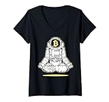 Damen Astronaut Yoga Bitcoin Krypto Broker Blockchain Meditation T-Shirt mit V-Ausschnitt