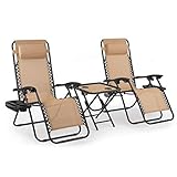 3-teiliges Liegestuhl Set mit Beistelltisch, Getränkehalter, klappbare ergonomische atmungsaktive Sonneliege mit verstellbarem Kopfpolster, Stuhl von Stahlrahmen, Beige