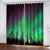 WJYMJJ Blickdichte Vorhang grüne Polarlichter Verdunkelungsvorhang mit Ösen 3D gedruckt Polyester Vorhänge für Schlafzimmer Geräuschreduzierung 2X B140x H175cm