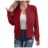 XIANUOJI Jacke Damen Leichte Reißverschluss Sweatjacke Langarm Casual Übergangsjacke Herbst Blouson Einfarbiger kurzer Baseball Jacket (Rot, M)