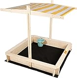 needs&wants Sandkasten mit Dach Sitzbank und Boden Vlies-Folie, Sandkiste Holz rechteckig mit Bänken Outdoor Garten Terrasse für Kinder UV-Sonnenschutz, 120x120 cm, Kiefer, gelb weiß braun