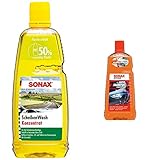 SONAX ScheibenWash Konzentrat Citrus (1 Liter) & AutoShampoo Konzentrat (2 Liter) durchdringt und löstr Schmutz gründlich, ohne Angreifen der Wachs-Schutzschicht | Art-Nr. 03145410