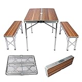 Wiltec Aluminium Koffertisch mit Zwei Bänken Holzdesign 90x66x70 cm klappbar Campingtisch Sitzgruppe