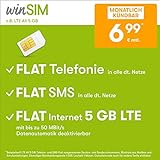Handytarif winSIM z.B. LTE All 5 GB – (Flat Internet 5 GB LTE, Flat Telefonie, Flat SMS und Flat EU-Ausland, 6,99 Euro/Monat, monatlich kündbar) oder andere Tarife