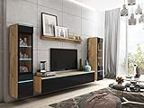 MINIO go for it - Wohnwand 4-Teilig Set Veve 2 I Hängend oder Stehend I 2X Hochschrank-Vitrine I Lowboard I Wandboard I Laminierte Spannplatte I Wotan Eiche und Schwarz Gloss - ohne Beleuchtung