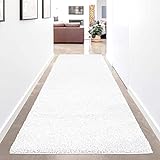 carpet city Hochflor Teppich-Läufer Einfarbig - Weiß - 80x300 cm - Shaggy Langflor Uni Schlafzimmer Flur - Weich&Flauschig - Modern