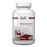 Health+ Vitamin B12 - 120 Kapseln, hochdosierte Vitamin Kapseln mit 1000 mcg Cobalamin-Komplex, Nahrungsergänzungsmittel, Made in Germany
