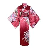 Damen Kimono Kostüm Erwachsene Japanische Geisha Yukata Süß Floral Muster Gown Blossom Satin Bademantel Nachtwäsche mit OBI Gürtel - - Large