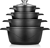 briebe Topfset Induktion 8-Teilig, Kochtopf Set 4 Töpfen aus Aluminiumguss, Antihaftbeschichtung ILAG GRANITEC ohne PFOA, Deckeln aus Glass, Topfhandschuhe Silikon, Glaskeramik, Gas, Ofen, MGK-12