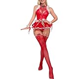 Dessous Spitze und amerikanisches Cosplay-Sexy-Dessous-Set, Spitzenunterwäsche, Weihnachtstag Dessous Spitze Body (Red, One Size)