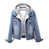 Ansenesna Jeansjacke Damen Gefüttert Mit Kapuze Winterjacke Damen Warm Innenfell Wintermantel Frauen Jeans Dicke Damen-Jacken Denim Mit Knöpfen Jacke Mantel Winter Innenfutter D