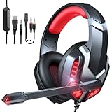 Wasart Gaming Headset, Headset PC mit Mikrofon, Gaming Kopfhörer für PS4, PS5, Xbox One, Switch, 3.5mm Headset für Laptop Mac/Tablet/Smartphone mit LED Licht Stereo Surround Noise Cancelling, Rot