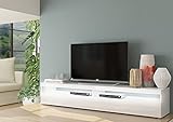 Dmora Wohnzimmermöbel TV-Ständer, Made in Italy, TV-Ständer mit 1 Klapptür und Regalen, cm 200x45h36, glänzend weiße Farbe, mit weißem LED-Licht