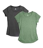 icyzone Damen Fitness Sport T-Shirt Kurzarm Laufshirt Gym Training Funktion Shirt, 2er-Pack (L, Schwarz/Grün)