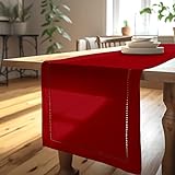 Encasa Tischläufer aus Baumwolle mit Hohlsaumdesign für 4 Seater | Rot | Größe 32x150 cm | Esstischdekoration – maschinenwaschbar