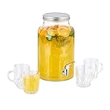 Relaxdays Getränkespender Set, Glas Wasserspender 5,5 L, 4 Trinkgläser, Retro, Saftspender mit Zapfhahn, transparent
