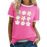 T Shirt Damen Gänseblümchen Grafik Druck T-Shirt Kurzarm Rundhals Tee Shirts Oberteile Graphic Tee Sommertops T-Shirts für Damen Lässig Locker Einfarbig Sommershirts Faschings Bluse (A4-Hot Pink, XL)