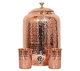 Handicraft-World Indischer handgefertigter handgehämmerter Wasserspender aus reinem Kupfer, 4 Liter, Ayurveda-Heilwasserspeicher mit 2 gehämmerten Gläsern (14 Liter)