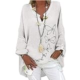 Frauen Oversize Baumwolle Leinen Tops Casual Schmetterling Print Tunika Plus Size Langarm Langarm V-Ausschnitt Loose Shirt Bluse (L,Weiß)