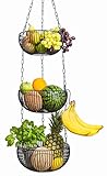 BS Obstkorb hängend – hochwertiger Hängekorb im modernen Stil Aufbewahrung Obst und Gemüse – Obstschale – Kräuterampel – Etagere – Brotkorb – Deko für Küche Haushalt inkl 2 Haken (Farbe: Schwarz)