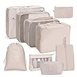OSDUE Koffer Organizer Set 9-teilig, Packing Cubes, Wasserdichte Reise Kleidertaschen, Packtaschen für koffer, Verpackungswürfel mit Kosmetiktasche, Digitale Tasche, USB Kabel Tasche (Beige)