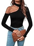 GORGLITTER Sexy Langarmshirt Damen T-Shirt Mit Asymmetrischem Kragen Schulterfreies Oberteil Langarm Schwarz L