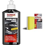 SONAX Polish+Wax Color schwarz (250 ml) & ApplikationsSchwamm (1 Stück) zum Auftragen und Verarbeiten von Polituren, Wachsen, Kunststoffpflegemitteln etc. | Art-Nr. 04173000