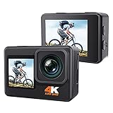 Action Cam 4K 24MP Doppelbildschirm, WiFi 4X Zoom PC Webcam 170° Einstellbar Weitwinkel EIS Actioncam, 40M Unterwasserkamera Sportkamera, wasserdichte Kamera mit 2 x 1050 Batterien und Montagesets