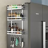 Klivien - Hängeregal Küchenregal für Kühlschrank Aufbewahrung von Gewürzen aus Metall ohne Bohren Multifunktion 3-lagiges mit Küchenreling und 7 Haken (silber)