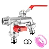‎CTDMJ Wasserhahn Garten Doppel Auslaufhahn 1/2 Zoll & 3/4 Zoll Kugelhahn Doppelwasserhahn aus Messing mit 2 * Gratis Schlauchanschlüsse1*Rollendichtband, Doppelanschluss und Schlauchtülle (Rot)
