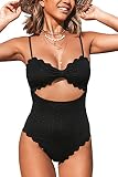 CUPSHE Damen Badeanzug Schleife Wellenkante Bademode Cut Out Figurformend Strukturierte Einteilige Strandmode Swimsuit Schwarz L