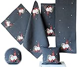 Tischdecke Tischläufer Mitteldecke Kissenhülle Weihnachten grau anthrazit Bestickt mit Wichtel in rot (85 x 85 cm)