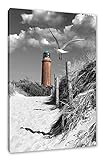 Leuchtturm mit Möwe an Strandweg schwarz/weiß Format: 60x40 auf Leinwand, XXL riesige Bilder fertig gerahmt mit Keilrahmen, Kunstdruck auf Wandbild mit Rahmen, günstiger als Gemälde oder Ölbild, kein Poster oder Plakat