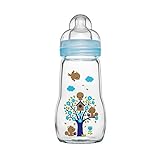 MAM Feel Good Babyflasche aus Glas (260 ml), Babyflasche mit weiter Öffnung, stabile Baby Trinkflasche mit Sauger Gr. 1, ab der Geburt, Naturmotive, blau