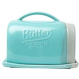 Keramik-Butterdose mit Deckel und Griff - Vintage Keramik-Butterdose - Dekorative Butterdose in rustikalem und ländlichem Design - Praktische Butterdose in aquablauer Farbe